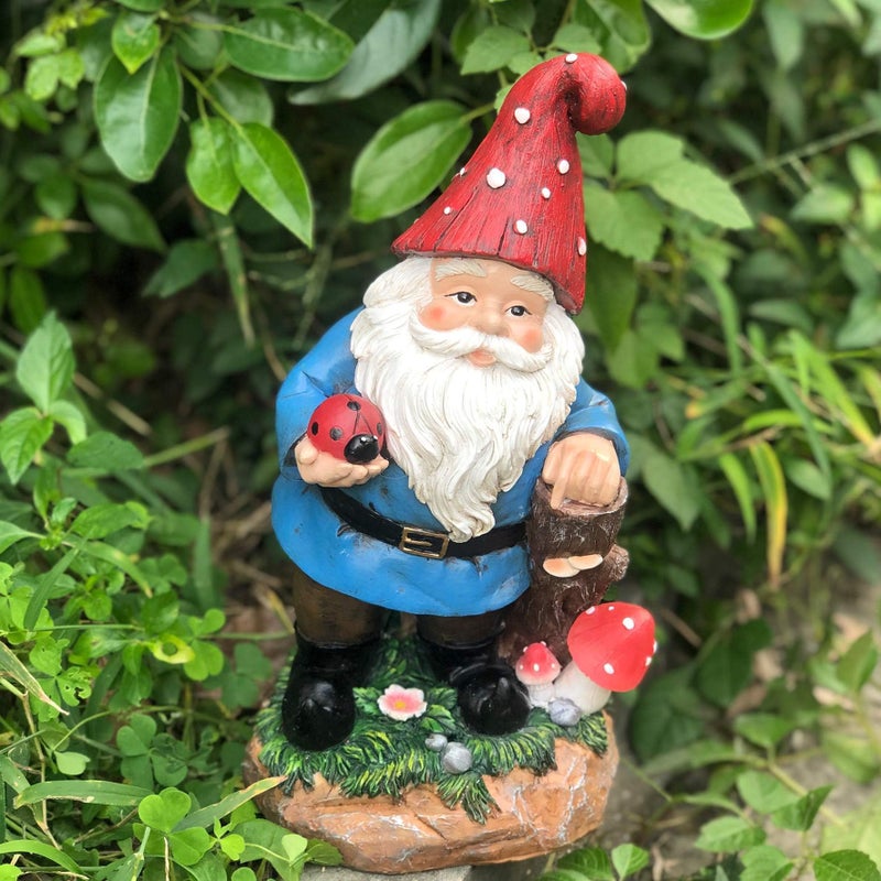 Topadorn Garden Gnome Statue LED Light Solar Energy Gnome Figurine with Ladybug on Hand Mushroom for House, Lawn Decor 11 Inch - Image 4